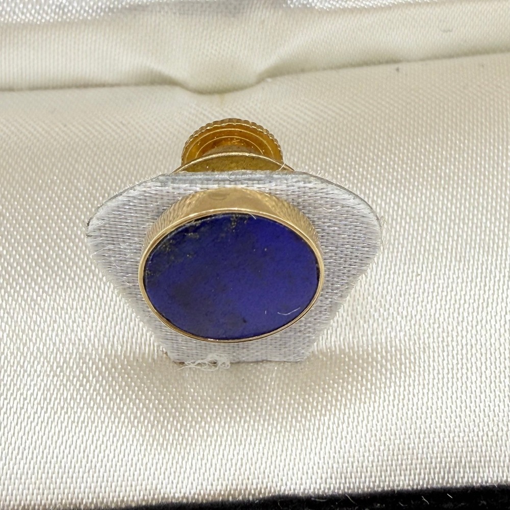 Vintage 14K Solid Yellow Gold Lapis Lazuli Tie Tack Lapel Pin Round Blue Estate